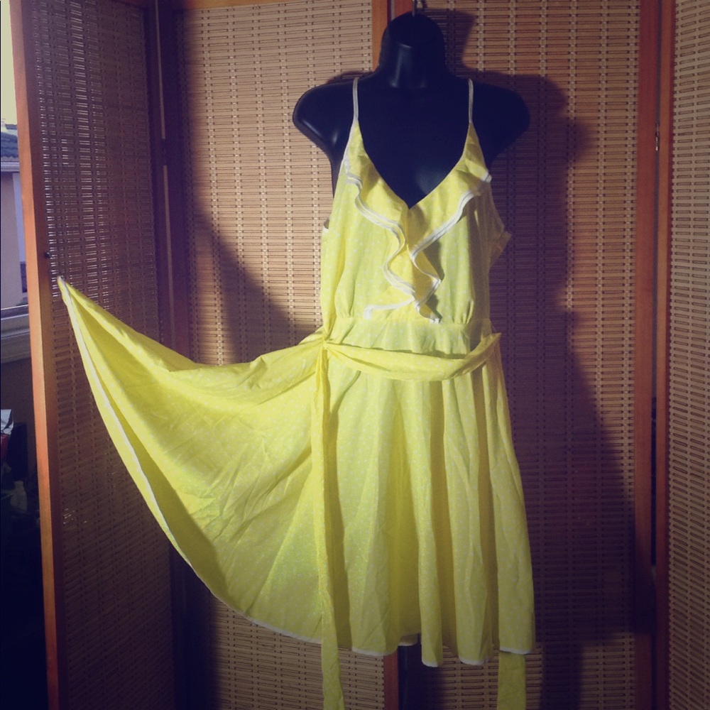 Yellow White Polkadot Sundress Flowy Vintage Dress